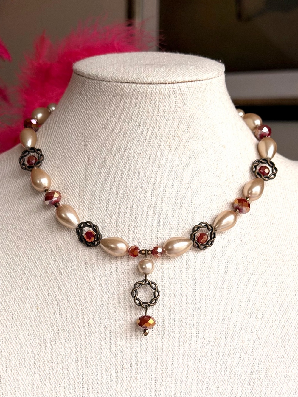 Artisan Handmade Faux Pearl Crystal Beaded Necklace Bronze 16”